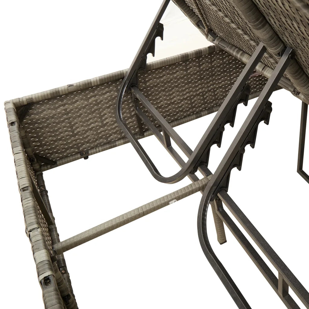 Lettino Prendisole | Sdraio da giardino | Lettino da sole Doppio Tetto e Tende Grigio in Polyrattan