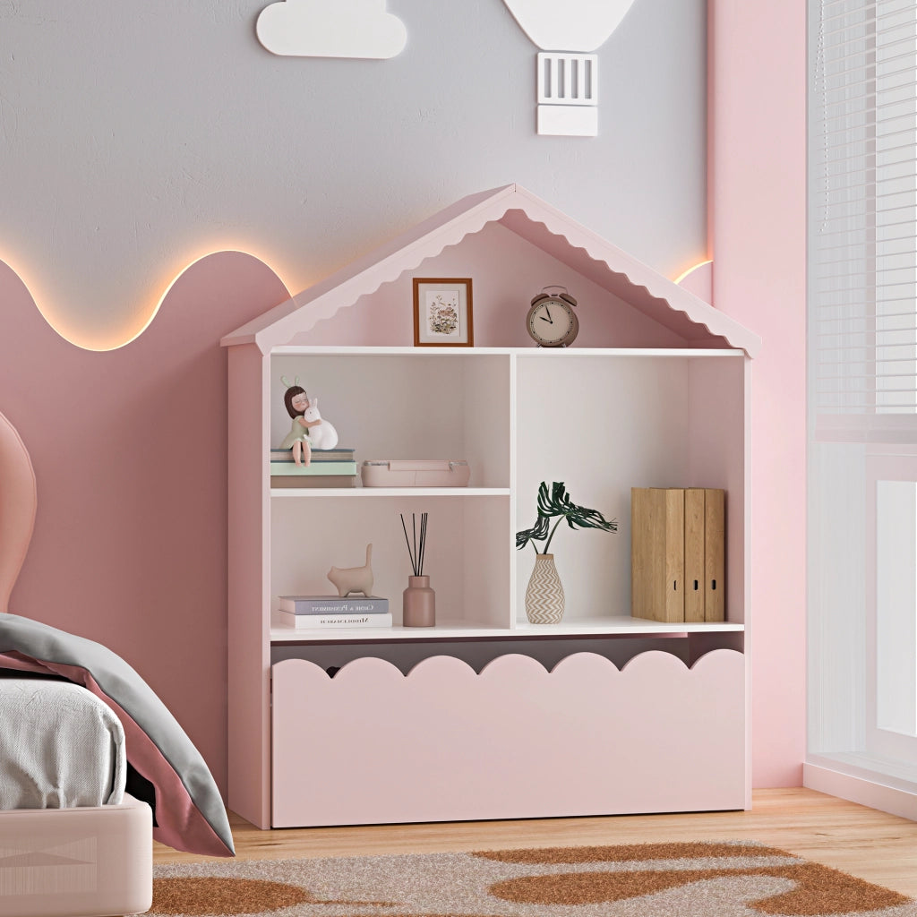 Scaffale Vestnes con 4 Vani Portaoggetti e Cassetto per Cameretta - Rosa/Bianco [en.casa]