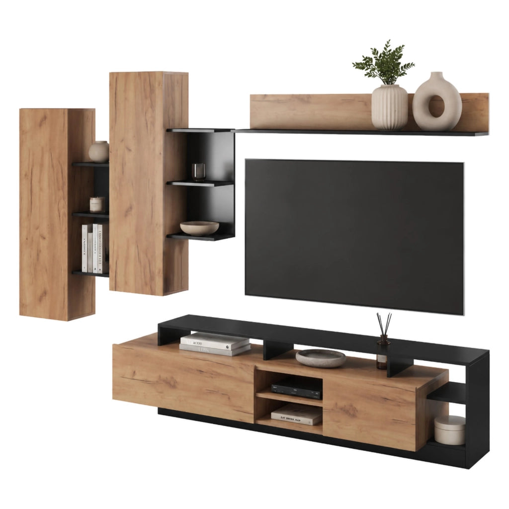 Mobile Soggiorno Kamotiba, Parete Attrezzata Modulabile, Marrone Rovere