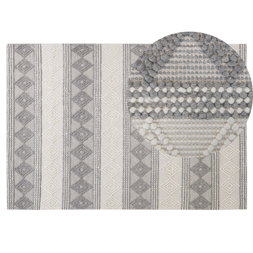 Tappeto in lana beige chiaro e grigio poliestere 140 x 200 cm intrecciato a mano motivo geometrico boho soggiorno camera da letto