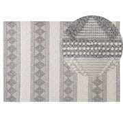 Tappeto in lana beige chiaro e grigio poliestere 140 x 200 cm intrecciato a mano motivo geometrico boho soggiorno camera da letto