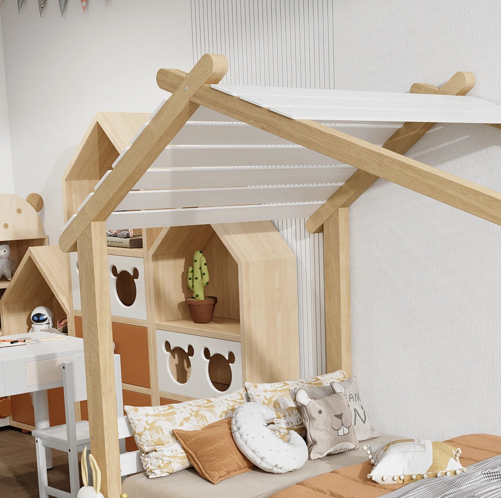 Letto per bambini a casetta 90x200 cm in legno bianco e naturale