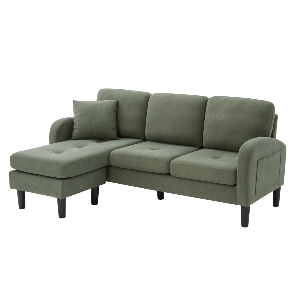 Divano angolare modulare con chaise longue; 166 x 118 x 77 cm; velluto a coste verde