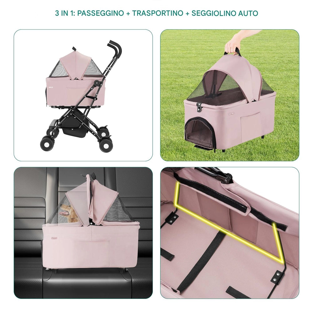 Passeggino per Cani e Gatti con Traportino Rimovibile per Animali Domestici Rosa
