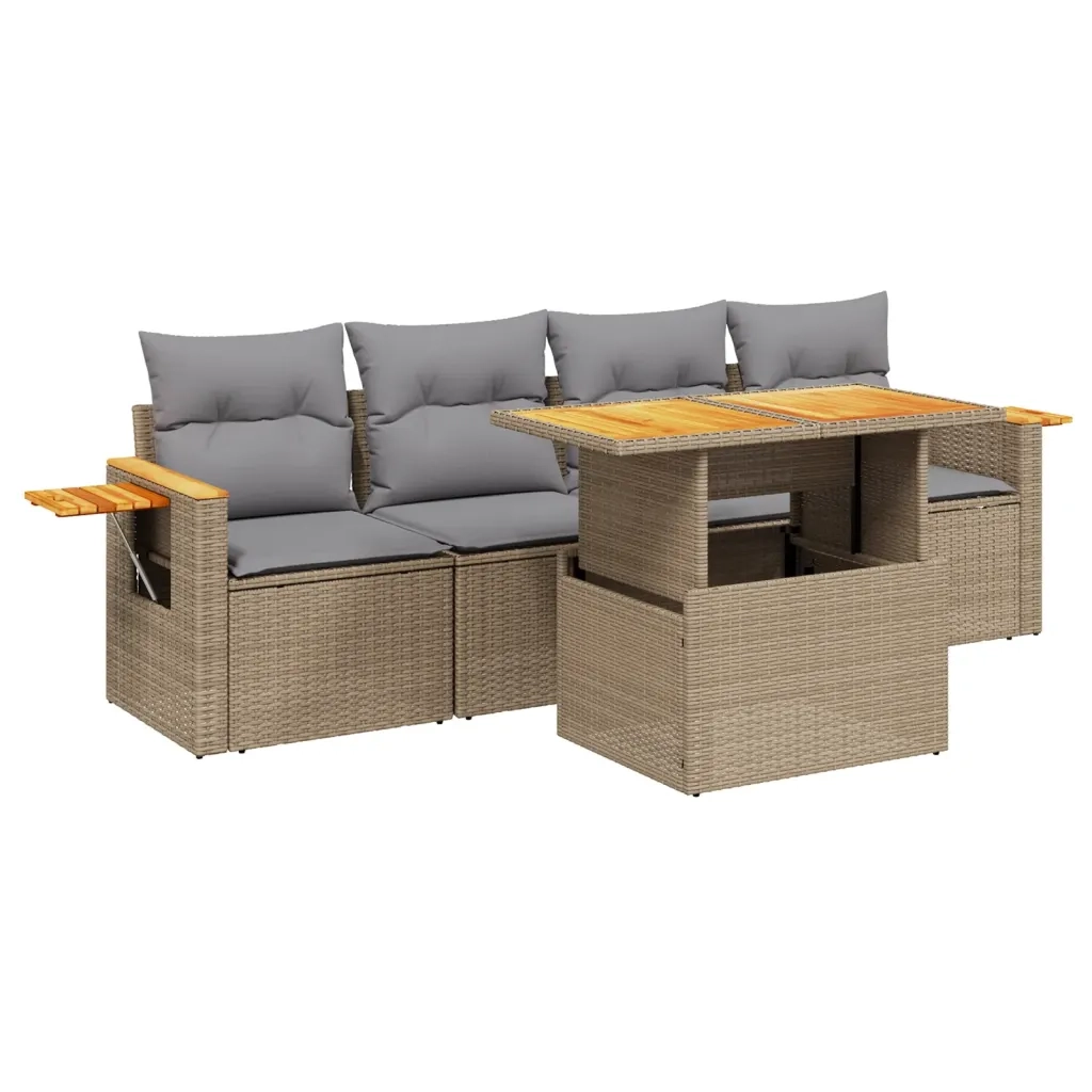 Set Divano da Giardino 5 pz con Cuscini Beige in Polyrattan