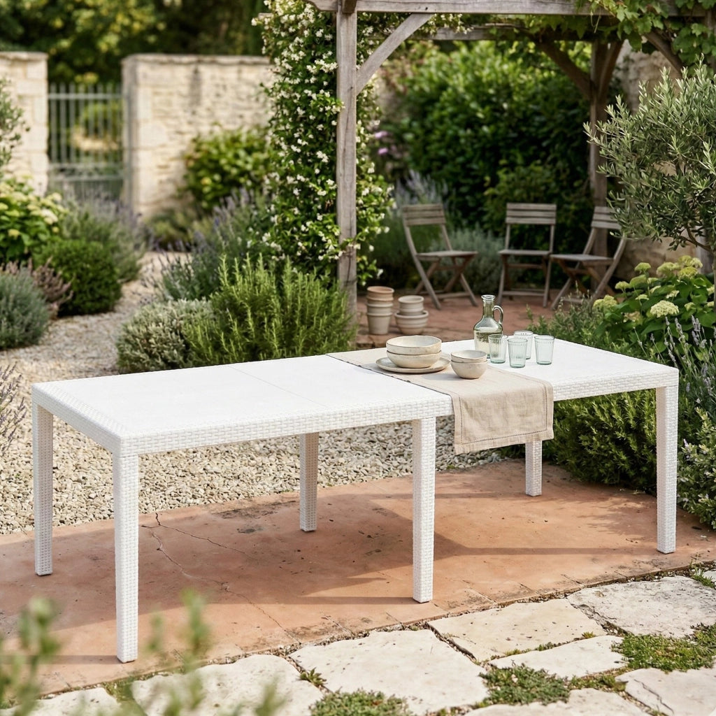 Tavolo da esterno Dmains, Tavolo rettangolare allungabile da pranzo, Tavolo da giardino estensibile multiuso, 100% Made in Italy, Cm 150x90h72, Bianco