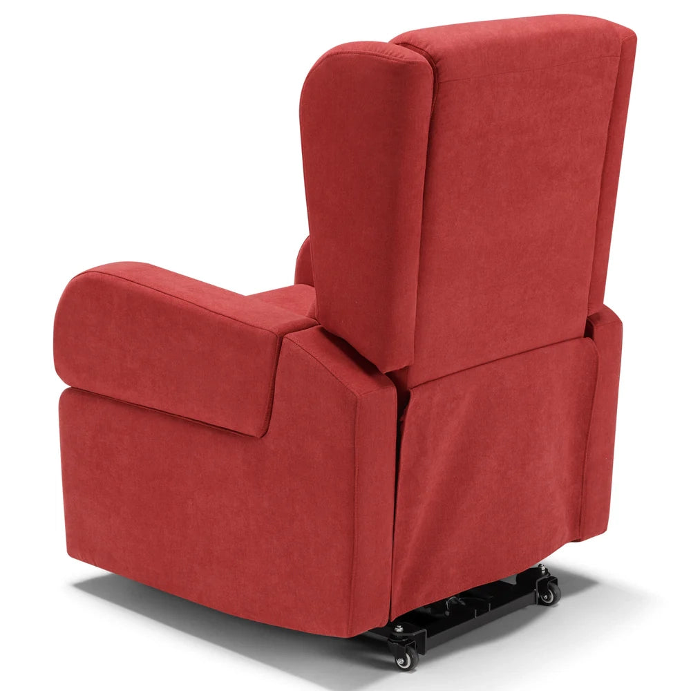 Poltrona relax elettrica Bilbao per anziani, 2 motori, 2 ruote, reclinazione e alzapersona, Tavolino di Servizio, braccioli estrabili, doppia pediera, colore Rosso