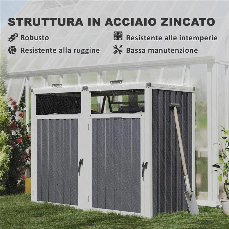 COPRI BIDONI SPAZZATURA A 2 SEZIONI CON COPERCHIO SOLLEVABILE, IN ACCIAIO ZINCATO, 146X81X122 CM, GRIGIO SCURO