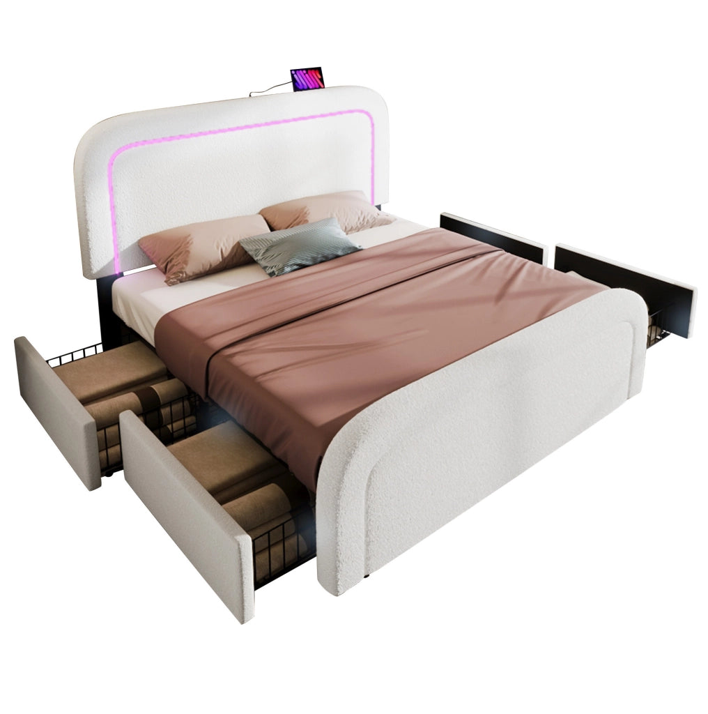 Letto matrimoniale 140x200 cm con LED; USB e USB C; 4 cassetti; tessuto sherpa bianco