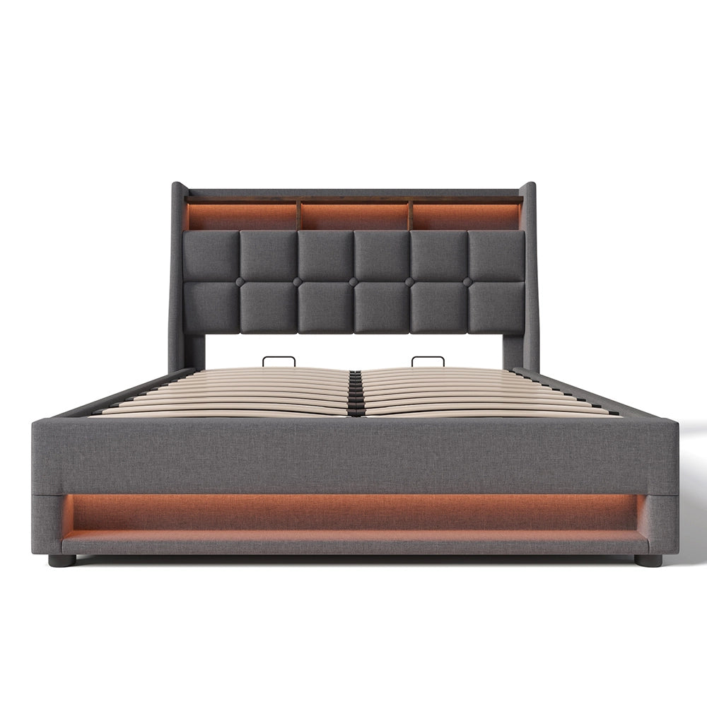 Lit a cassone imbottito 180x200 cm - Xylo - USB, LED, sommier a doghe metalliche per adolescenti, Grigio