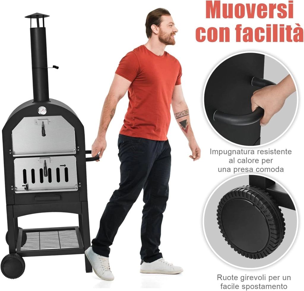 Forno per Pizza da Esterno con Ruote, Forno a Legna da Esterno con Copertura Protettiva, Pala per Pizza, Griglie e Pietra per Pizza, per BBQ, Campeggio e Festa (Modello 5)