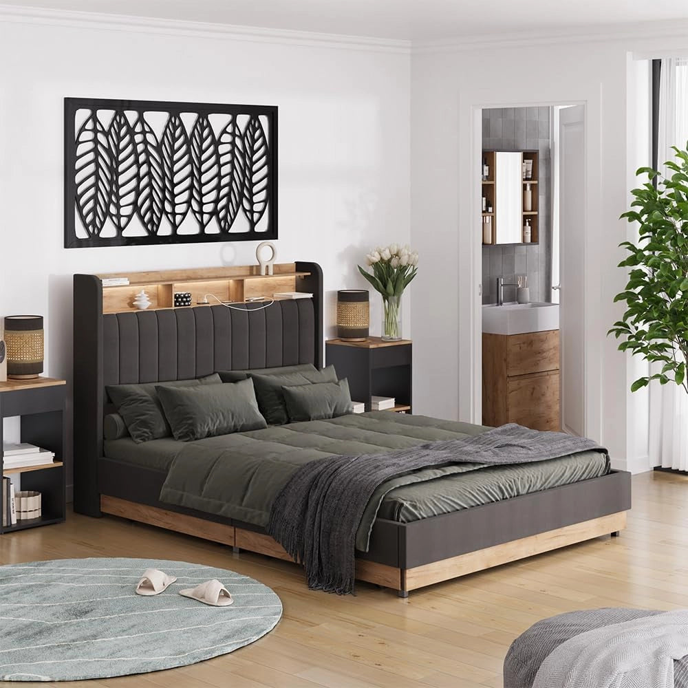 Letto imbottito Nura, Antracite/quercia, con 4 cassetticon porta di ricarica USB, illuminazione a LED e telecomando