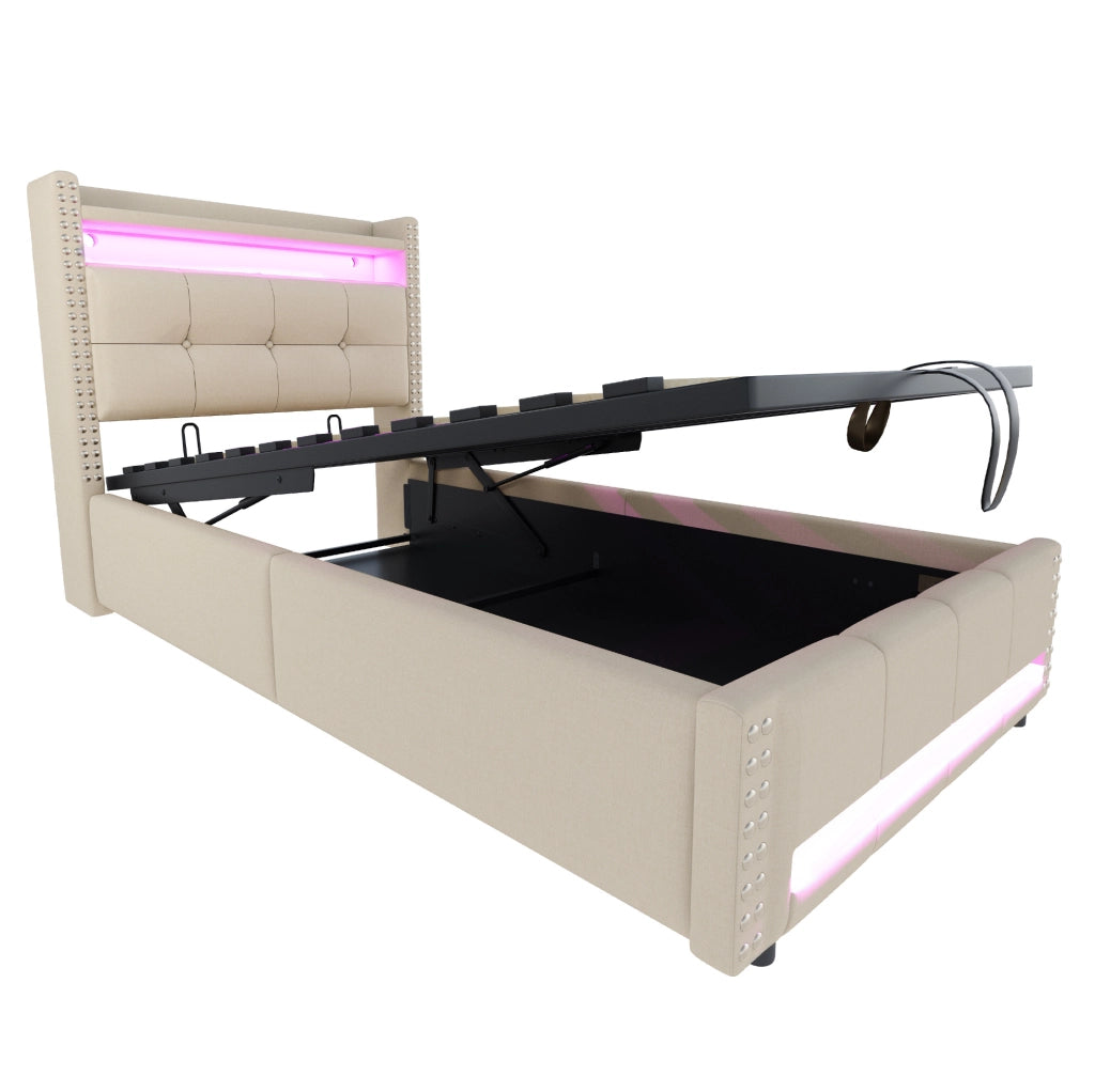 Letto imbottito 90x200 cm con LED; contenitore e porta USB in lino beige