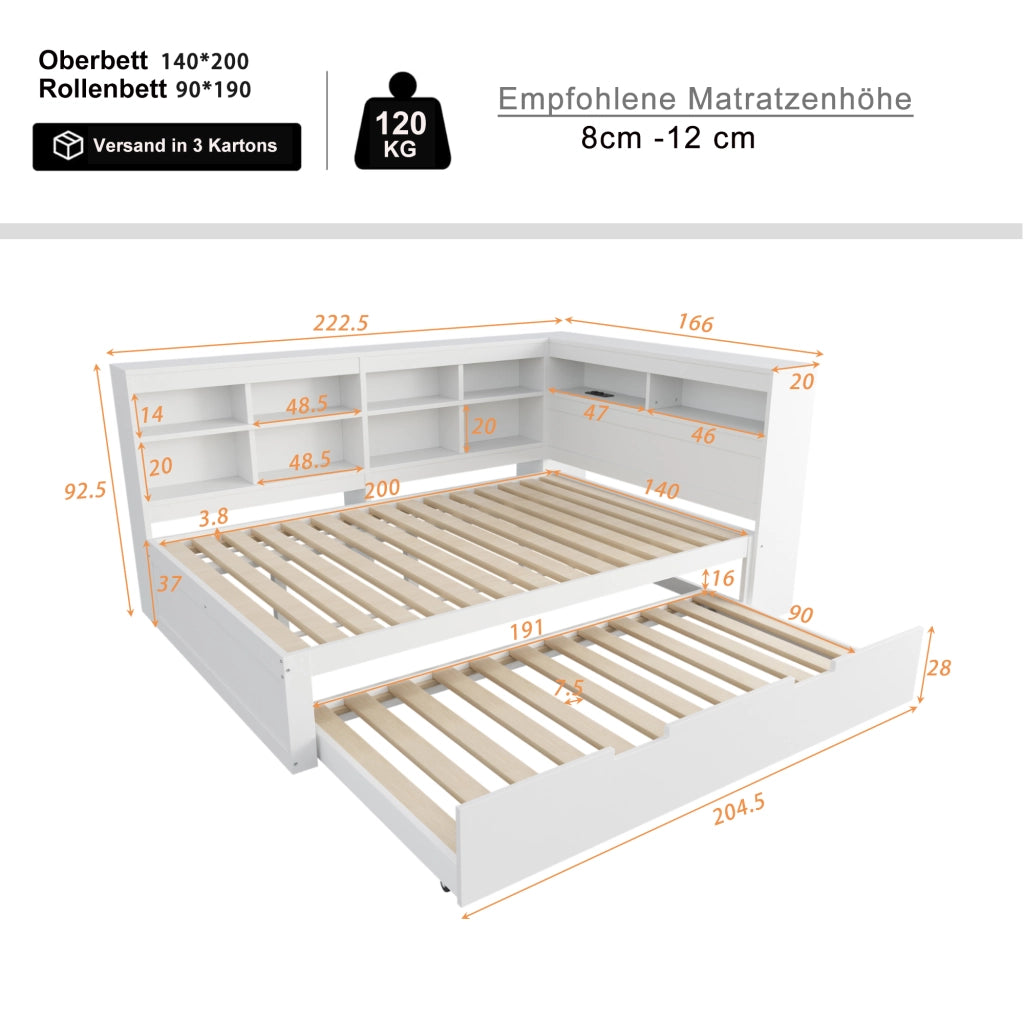 OKWISH Letto a Scomparsa 140×200 cm e 90×190 cm, Letto 3 Posti con USB, Vani Portaoggetti e Contenitori, senza Materasso, in Legno, Bianco
