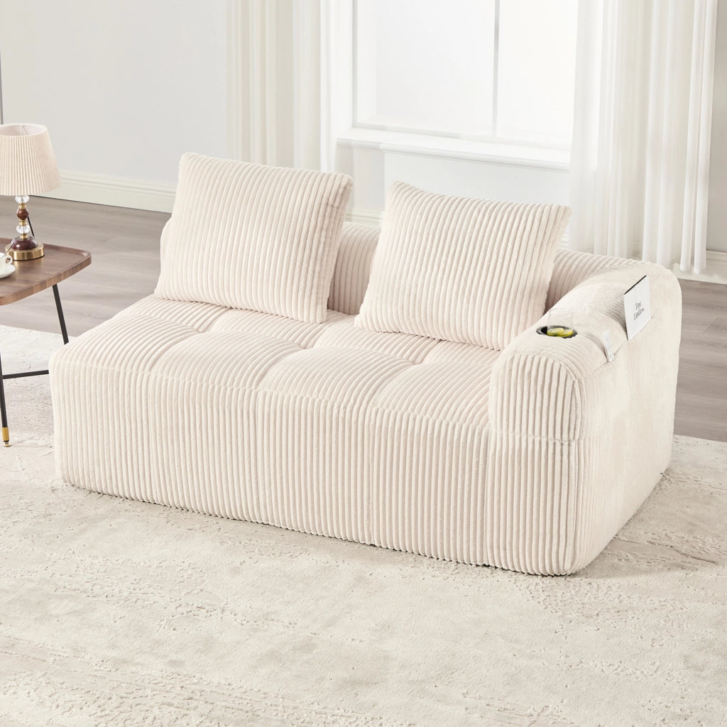 Divano diritto in corduroy con tasche laterali e portabicchieri, seduta compatta e stabile beige 158 × 93 × 61 cm