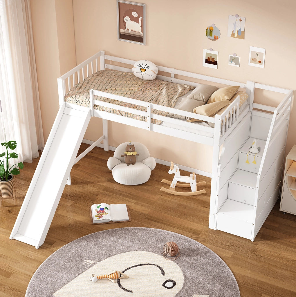 Letto a soppalco 90x200 cm con scivolo e scala portaoggetti in legno bianco