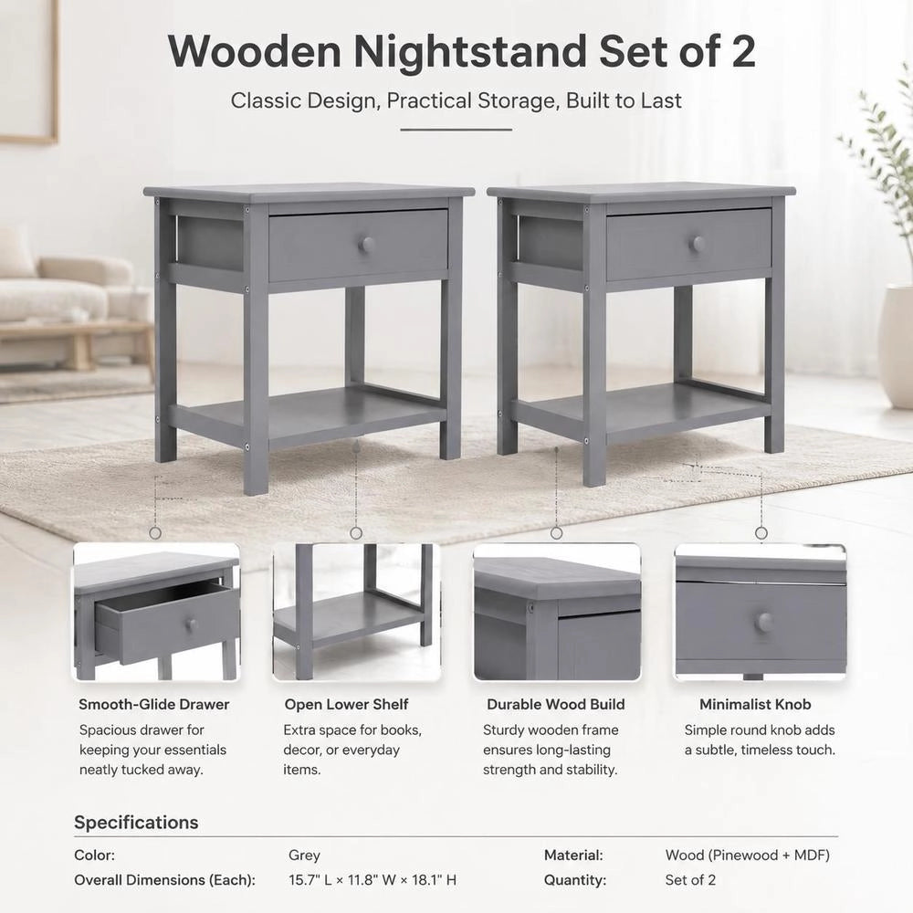 Bedside Tables 2 Pcs. Grey 40x29x42 Cm Paulownia Wood