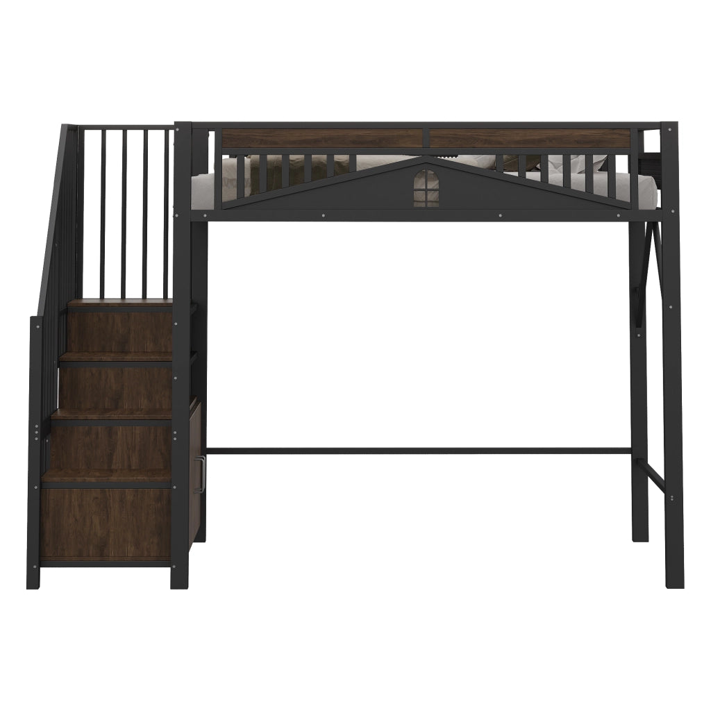 OKWISH Letto a Soppalco 90×200 cm, Letto Singolo con Scala Contenitore, Armadietto e Sponda di Sicurezza con Finestra, senza Materasso, Nero