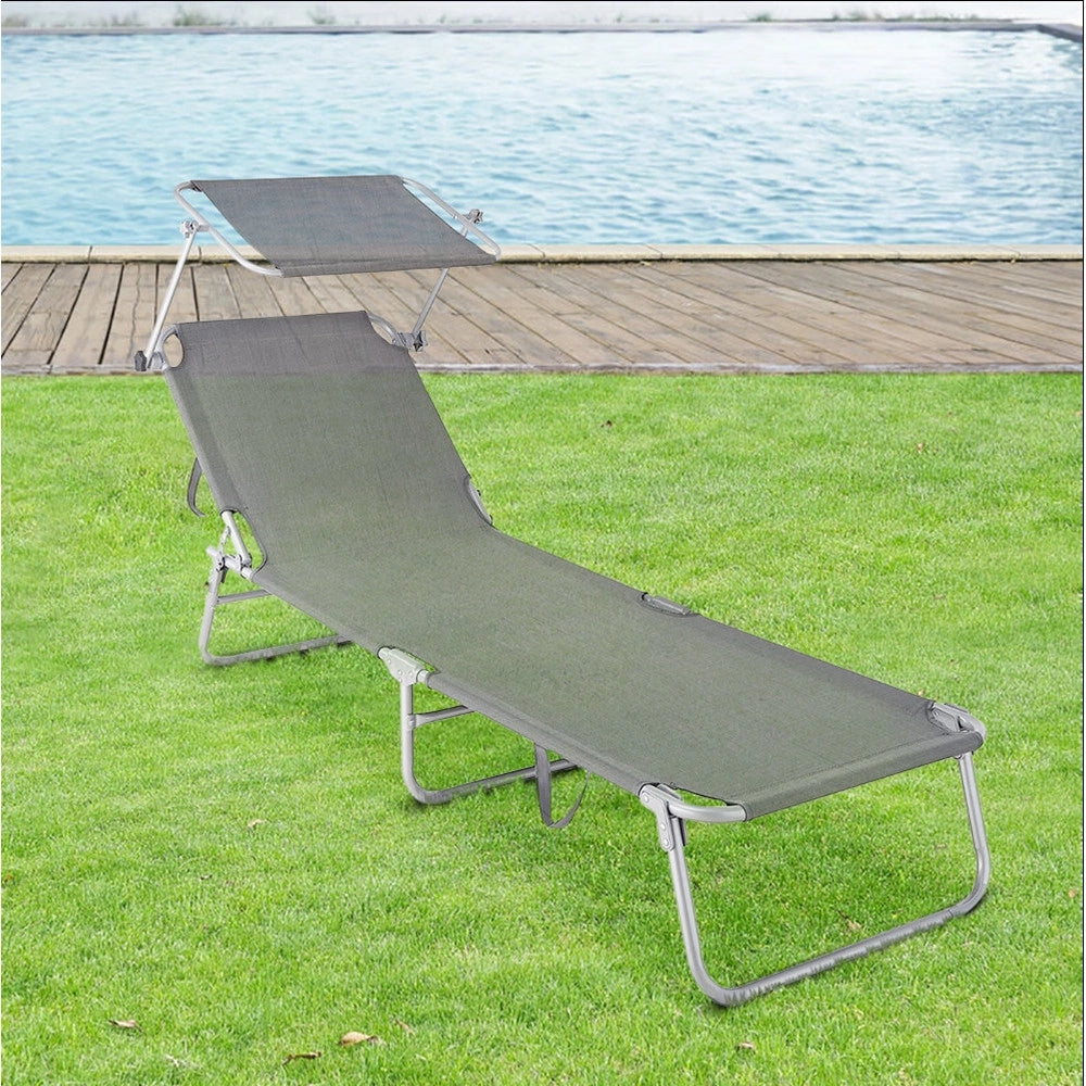 Trade Shop - Lettino In Textilene Con Parasole Grigio Mare Giardino Schienale Regolabile 281013 -