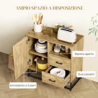 Credenza Moderna con 2 Cassetti, Armadietto Regolabile e Ripiano Aperto, in Legno e Acciaio, 80x40x78 cm, Marrone