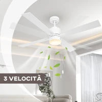 Ventilatore da Soffitto con Luce LED, 3 Velocità e Motore Reversibile, Ø130cm, Bianco e Legno