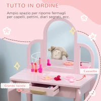 Tavolo per Trucco per Bambine 3-6 Anni con Sgabello, Cassetti e Specchio Coordinato in Acrilico, Rosa