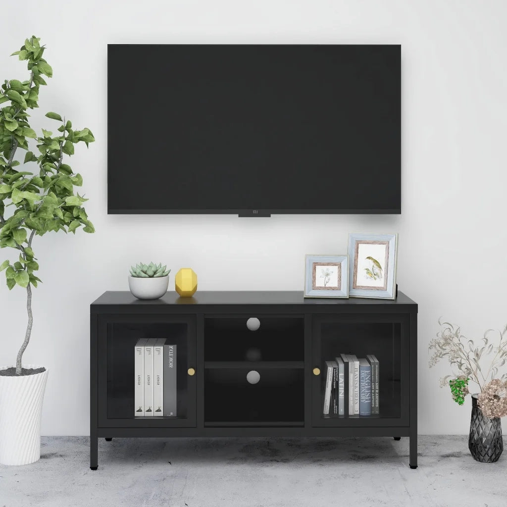 Mobile TV Nero 105x35x52 cm in Acciaio e Vetro 336058