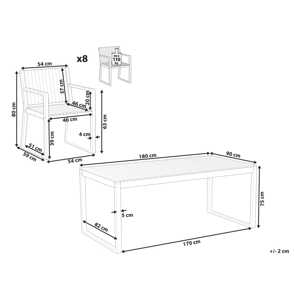 Set da pranzo rustico a 8 posti in legno d'acacia certificato resistente agli agenti atmosferici dal design classico