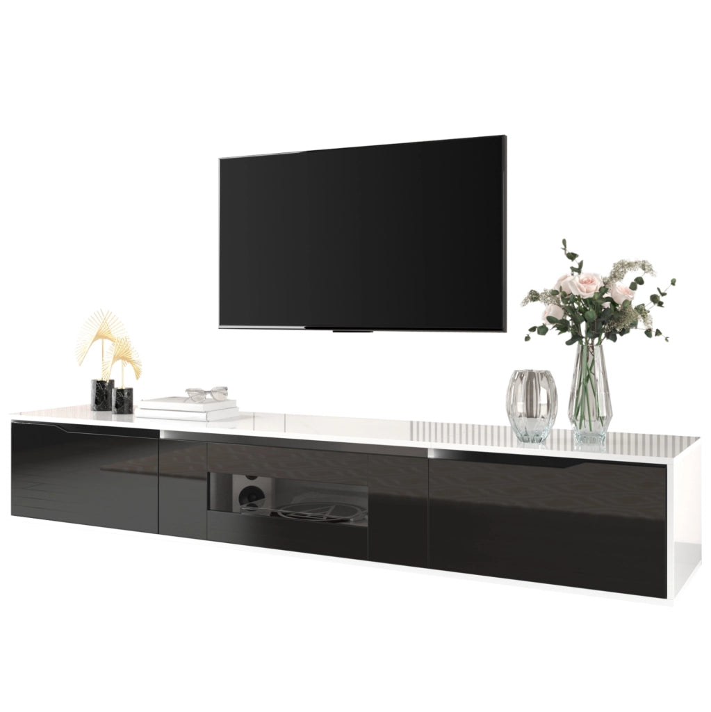 Mobile TV bianco e nero con frontale scanalato; LED a 16 colori; 180 × 35 × 30 cm