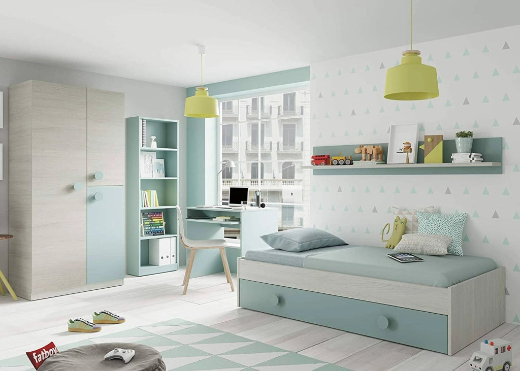 Libreria Artico, Mobile portalibri alta a 5 ripiani, Scaffale da ufficio o cameretta, Scaffale moderno con scomparti, cm 52x25h80, Verde acqua