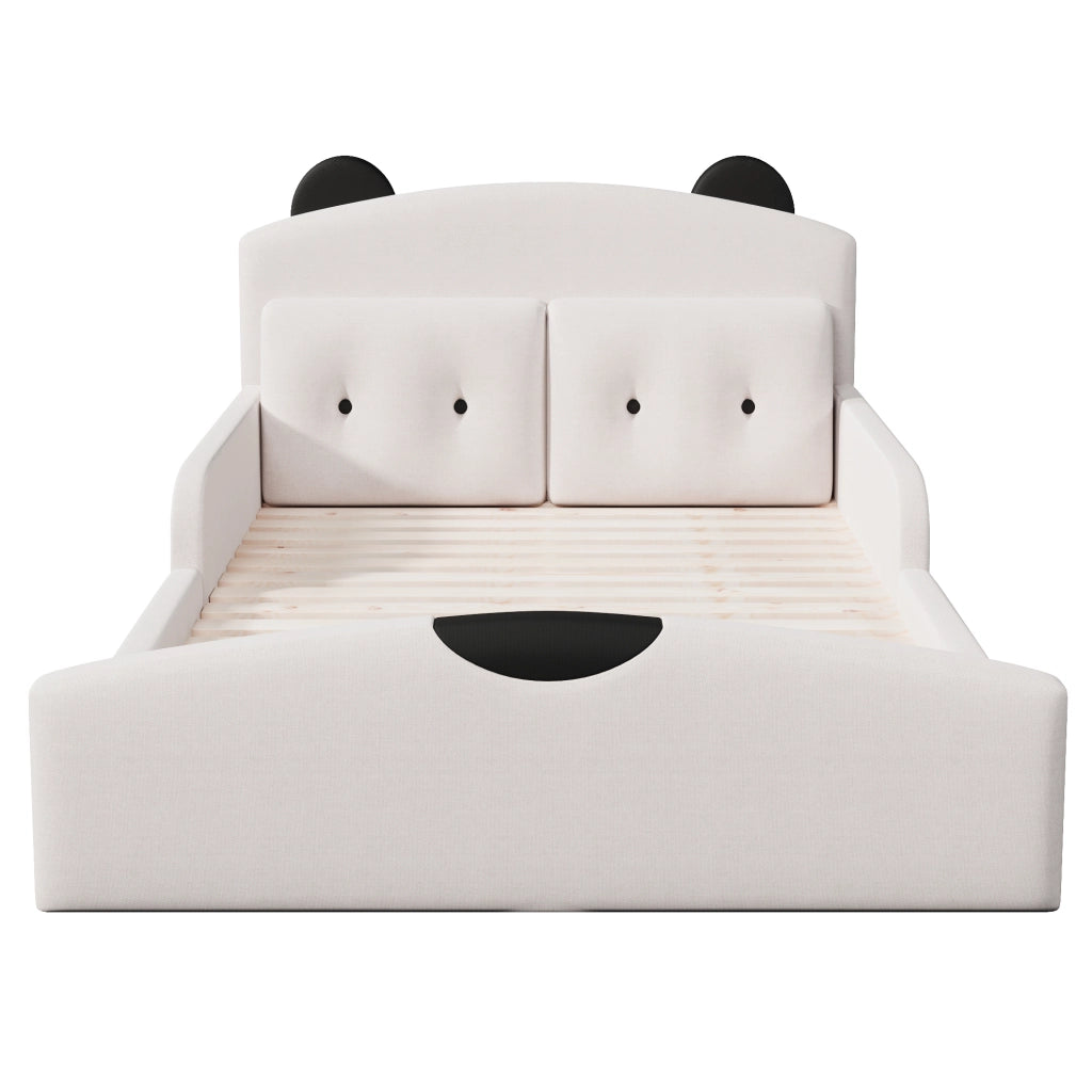 Letto a piattaforma 140x200 cm con testiera imbottita a forma di orso; in lino; bianco