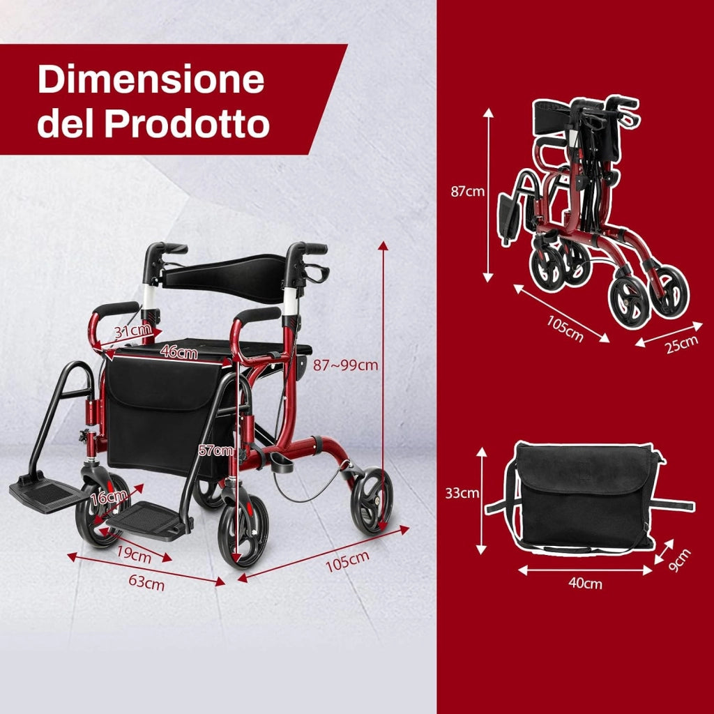 Deambulatore 2 in 1 per Anziani in Alluminio, Rollator Pieghevole e Regolabile in Altezza con Sedia, Schienale Reversibile, Manici Regolabili, Ruote, Poggiapiedi e Borsa Rimovibile (Rosso)