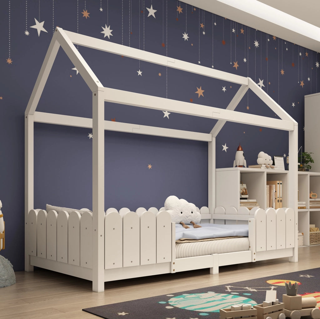 Letto a casetta per bambini 90x200 cm bianco con rete