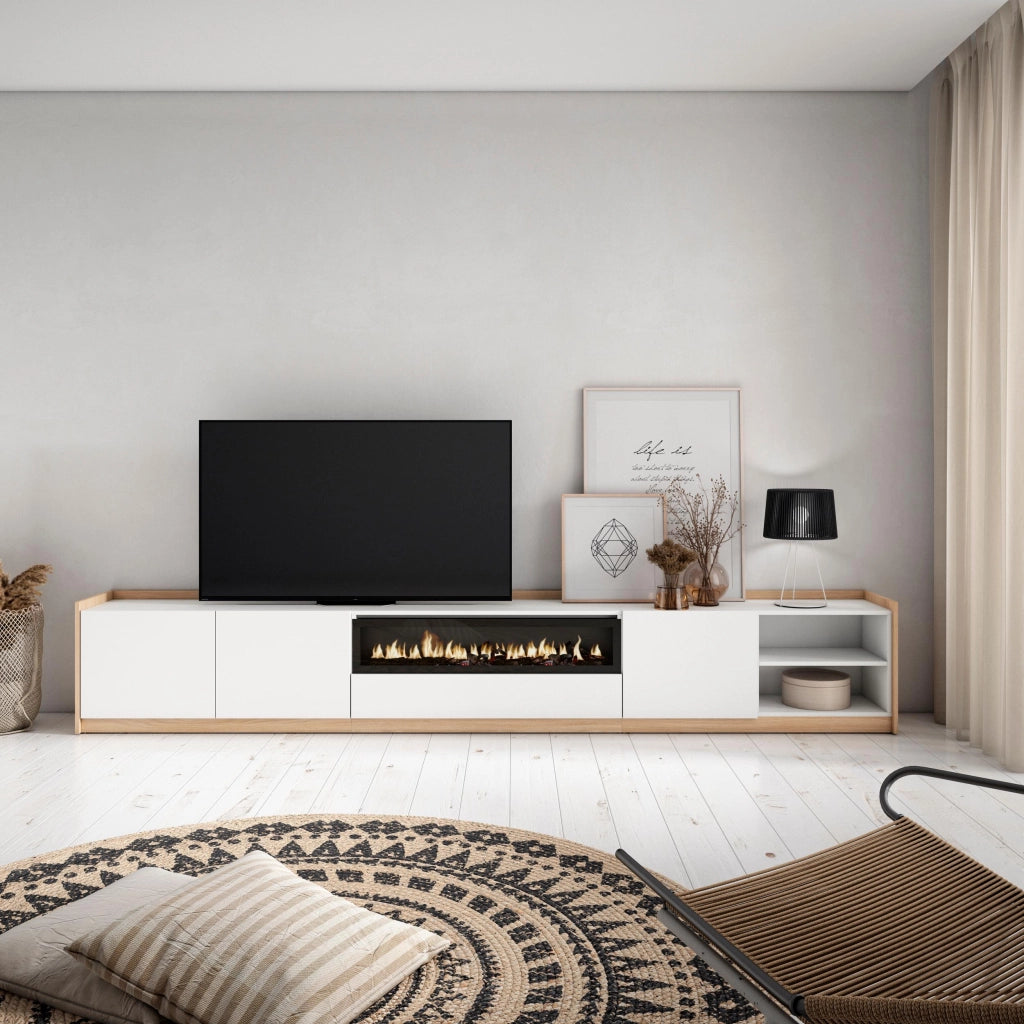Mobile TV Soggiorno, 310x50x37 cm, Per TV fino a 80", Camino elettrico, Bianco e Rovere soft