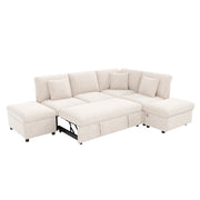 Divano angolare 6 posti con letto estraibile; pouf contenitore e USB; chenille beige