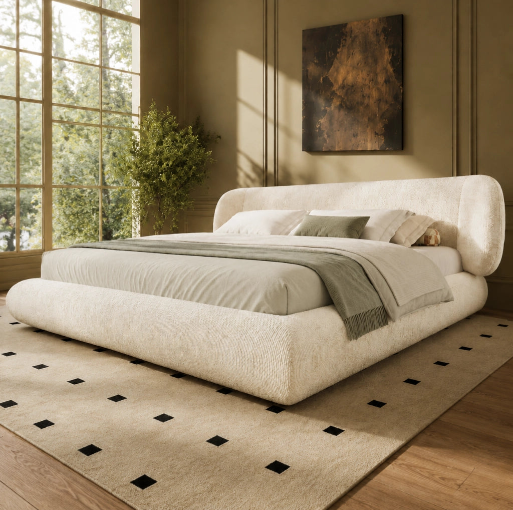 Letto matrimoniale imbottito 180 x 200 cm in ciniglia beige con rete a doghe