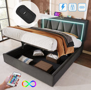 Letto matrimoniale 160x200 cm con contenitore; LED; USB e Type-C; testiera regolabile; lino grigio