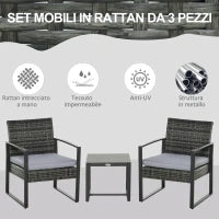 Set da Giardino in Rattan 3 pezzi, 2 Poltrone con Cuscino e Tavolino, Grigio