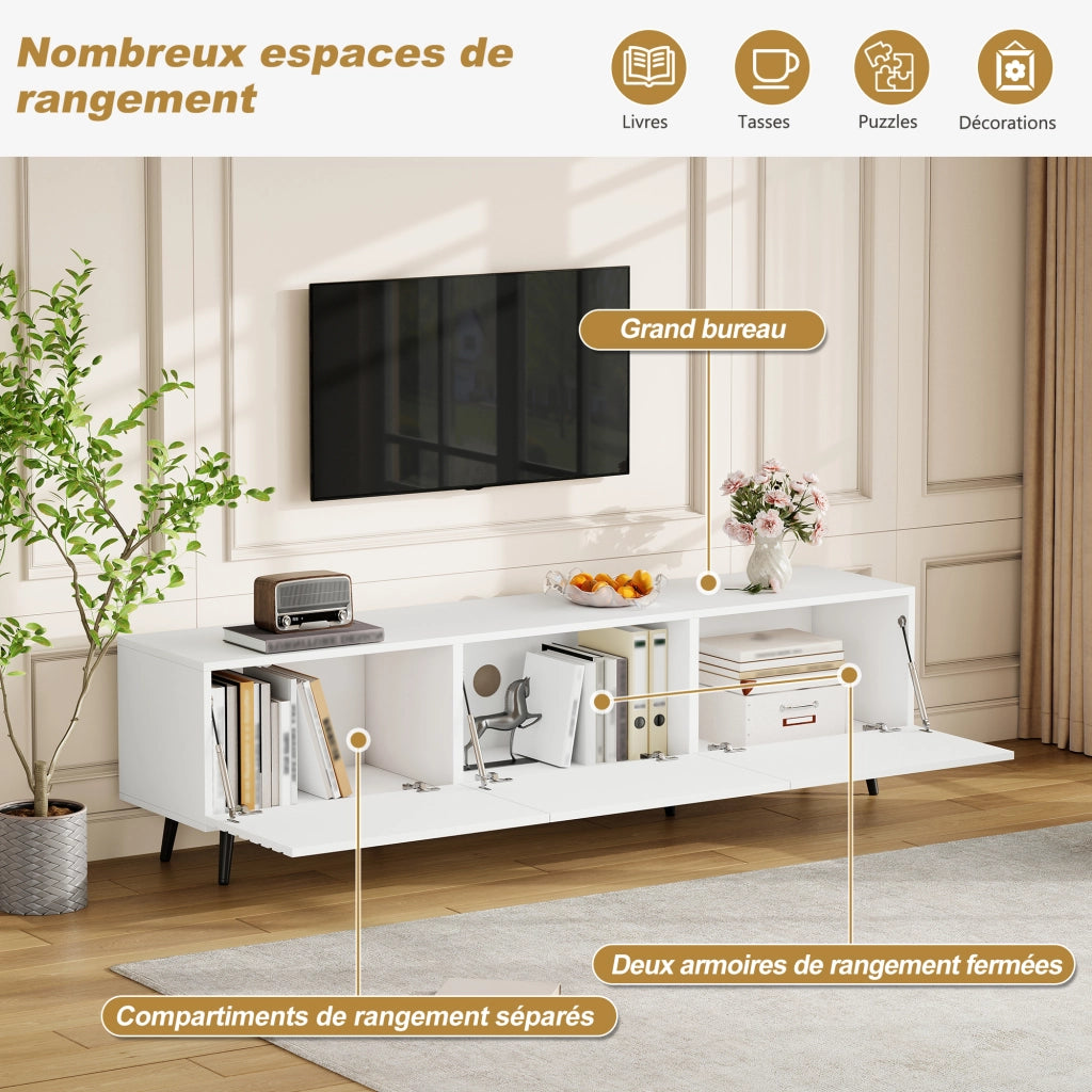 Mobile TV con 3 ante a ribalta; 6 piedini; per soggiorno; in MDF; 180×40×48 cm; bianco