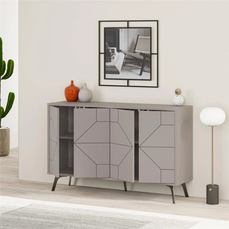 MOBILE DA INGRESSO MADIA DUNE 4 ANTE COLORE TORTORA CON DISEGNO GEOMETRICO PIEDINI NERI 123X35X77,4 H CM