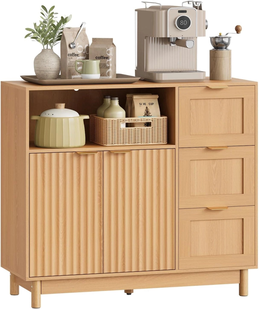 Credenza con 3 Cassetti, 2 Ante e 1 Scomparto Aperto, Mobile da Cucina Salvaspazio in Legno, con Ripiano Regolabile, per Soggiorno, Cucina, 90x35x80 cm, Effetto Legno