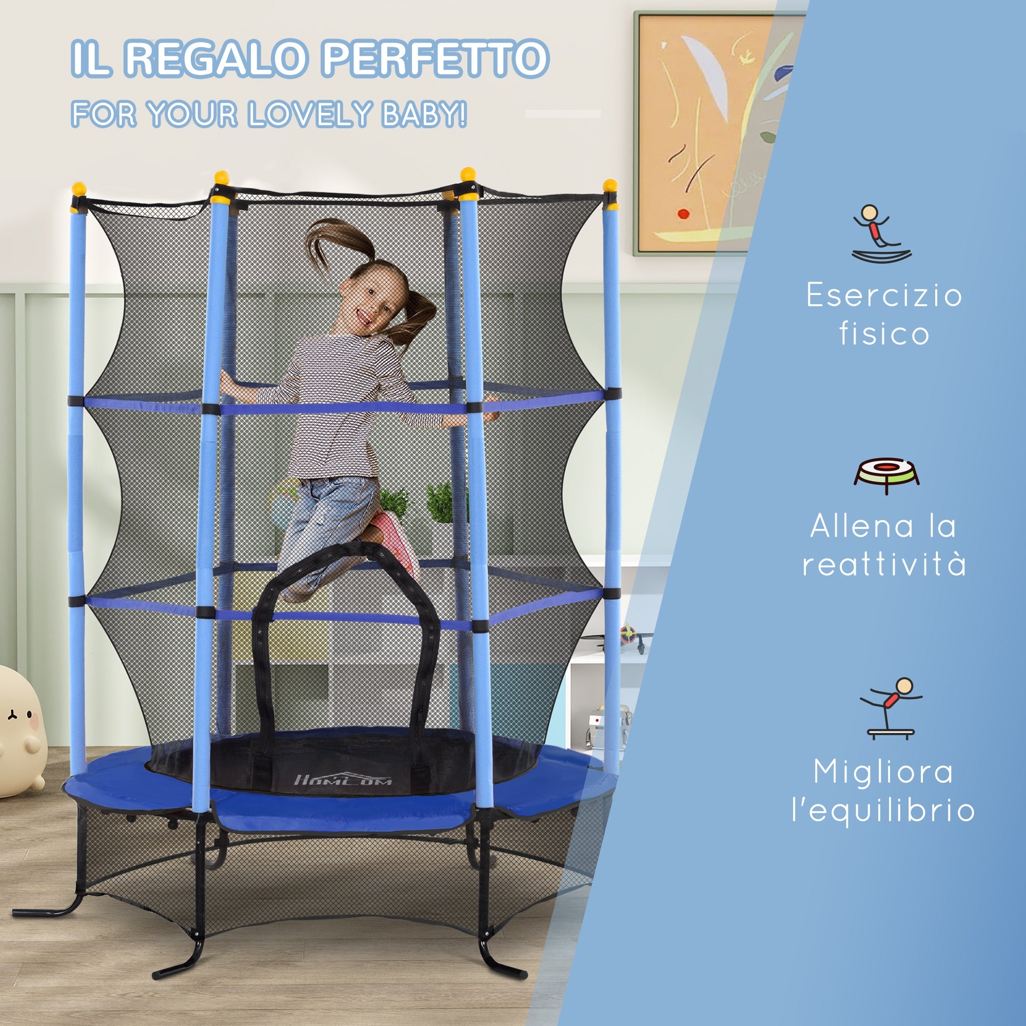 Tappeto Elastico per Bambini Ø163x190 cm con Rete di Sicurezza e Pali Imbottiti Età 3-10 Anni Blu