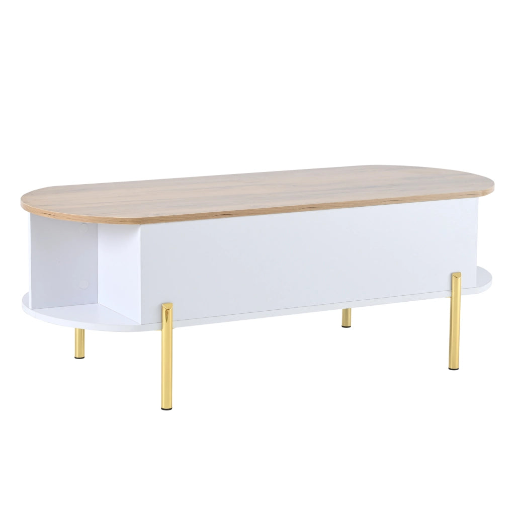 Tavolino da salotto 120x50x43 cm; piano sollevabile con vano nascosto; MDF; bianco e colore naturale