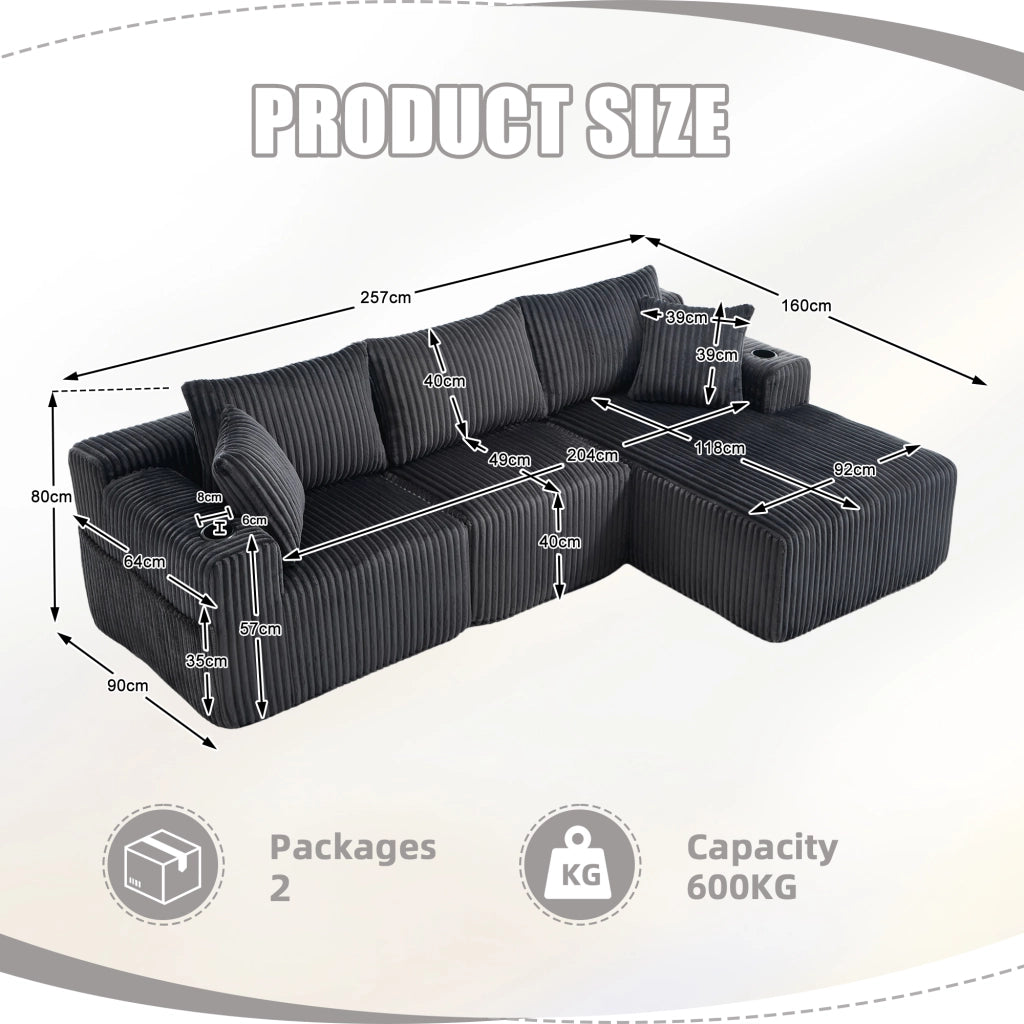 Divano modulare con chaise longue e 2 posti, rivestimento in corduroy grigio, 5 cuscini, tasche laterali e portabicchieri