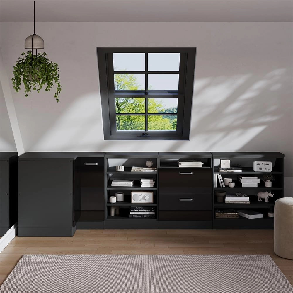 Mobile sottotetto Mobile angolare Rion, Nero lucido, 75.6 x 81.6 cm con 1 porta, carcassa dell’armadio profondità 60 cm, adatto per il salvaspazio sotto tetti spioventi