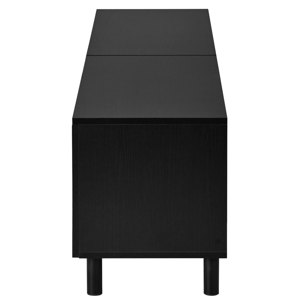 Mobile porta TV con 5 ante, fori passacavi e piedini in metallo, per soggiorno, in MDF e PB, nero, 180 × 38 × 45 cm