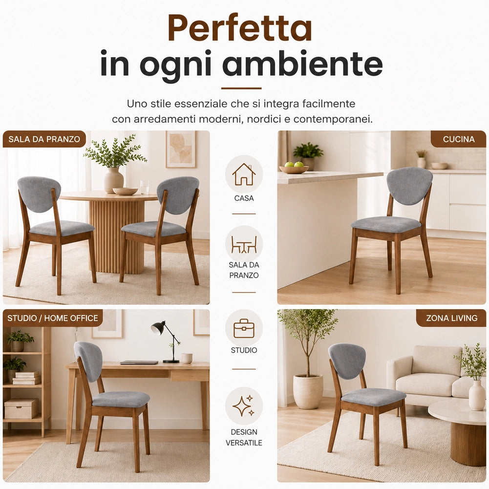 Set 2 Sedie da Pranzo in Legno Scuro Rivestimento in Tessuto Grigio 52x47x84 cm