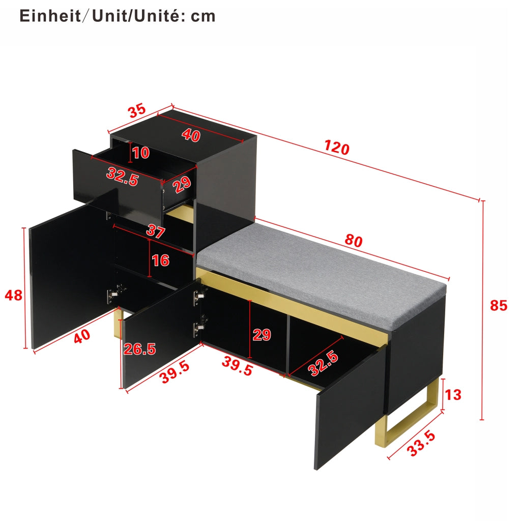 Mobile Porta Scarpe con 2 Ante e 1 Cassetto; Panca Porta Scarpe con Cuscino; Finitura Lucida; in MDF; Nero; 120×35×85 cm