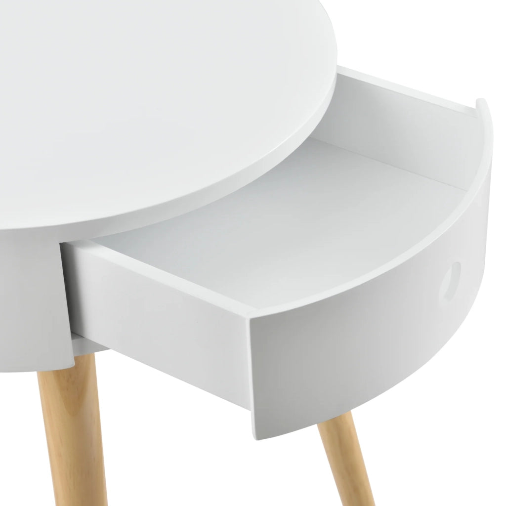 Tavolino rotondo con cassetto cassettiera comodino mobile contenitore MDF laccato e pino bianco 50 x 38 x 38 cm 03_0003145