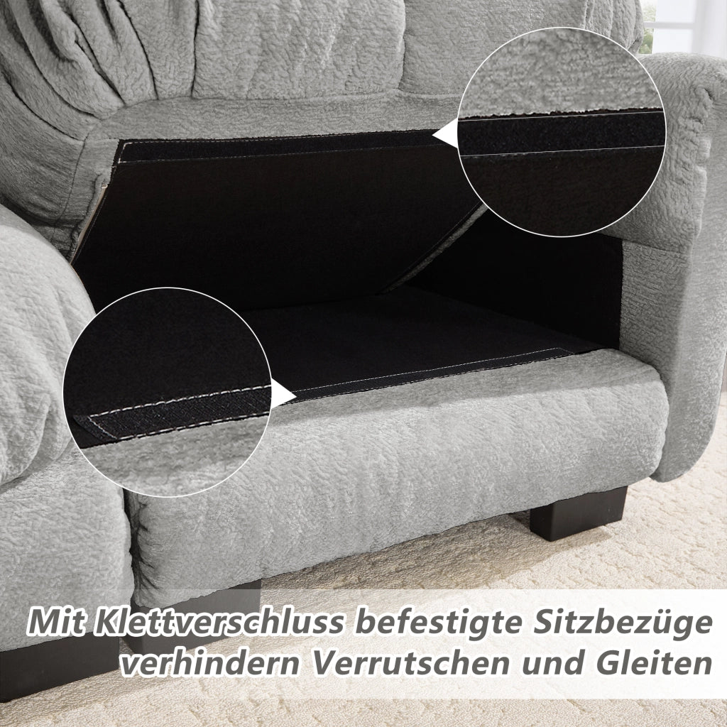 Divano angolare a 3 posti in chenille con chaise longue mobile e cuscini decorativi imbottitura spessa grigio chiaro